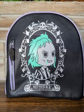 Bioworld Black Beetlejuice Mini Backpack with Mint Green and Purple Trim